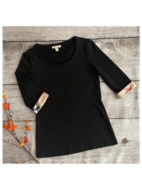 Burberry Black Scoop Neck Long Sleeve Top with Signature Plaid Cuffs